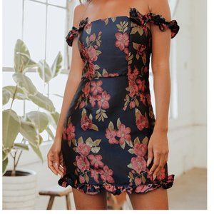 Pop the Bottle Navy Blue Floral Jacquard Ruffled Mini Dress